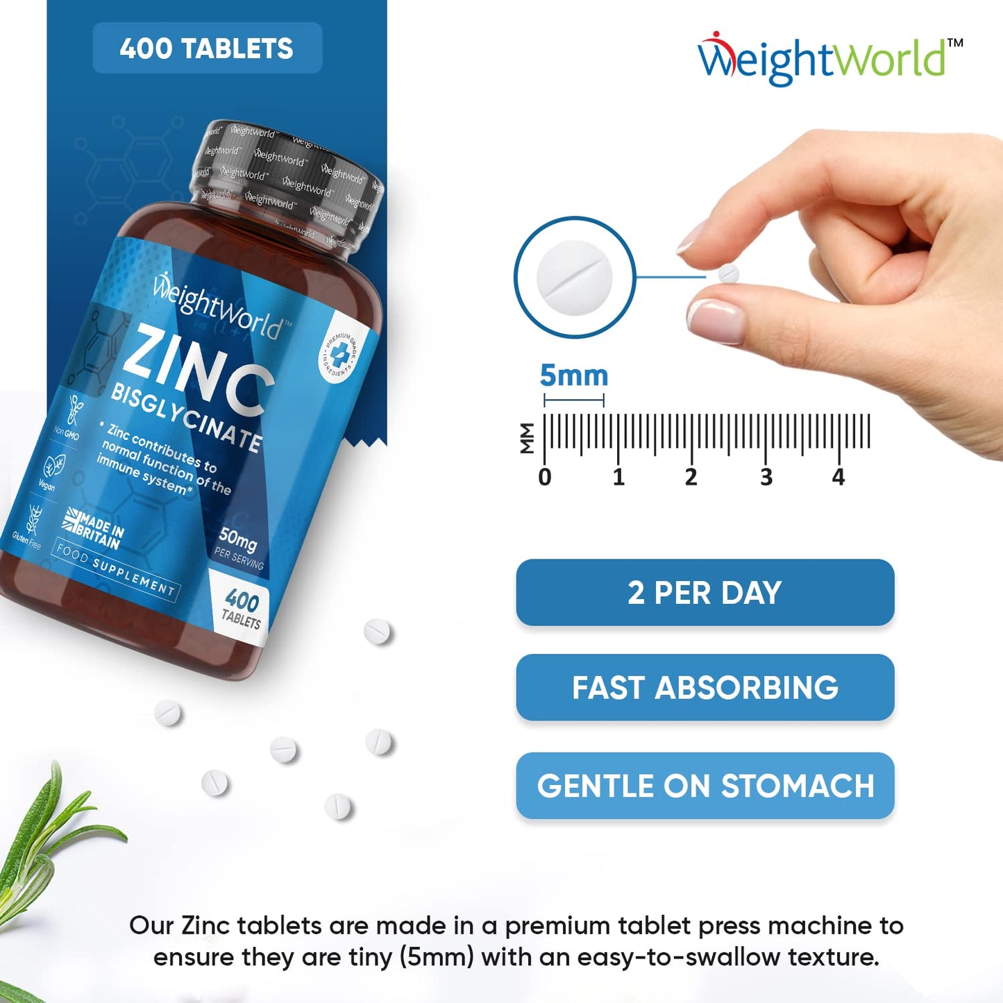 High Strength Zinc Tablets 50mg – 400 Vegan Zinc Bisglycinate Tablets 6+ Months Supply – High Absorption Zinc Supplements for Skin, Hair and Nail - Immunity Supplements for Men & Women