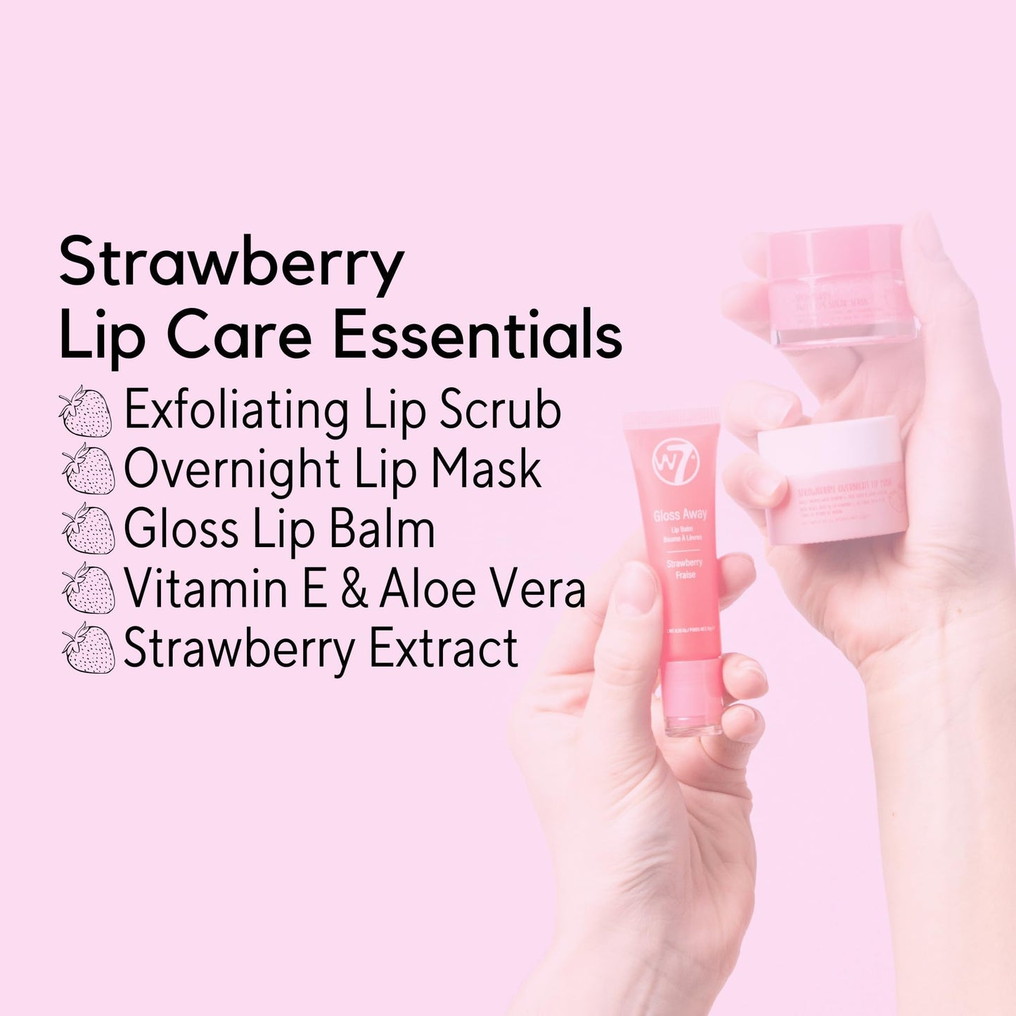 W7 Sweet Dreams Lip Care Trio - 3 Piece Set - Overnight Lip Mask, Lip Balm & Lip Scrub - Strawberry