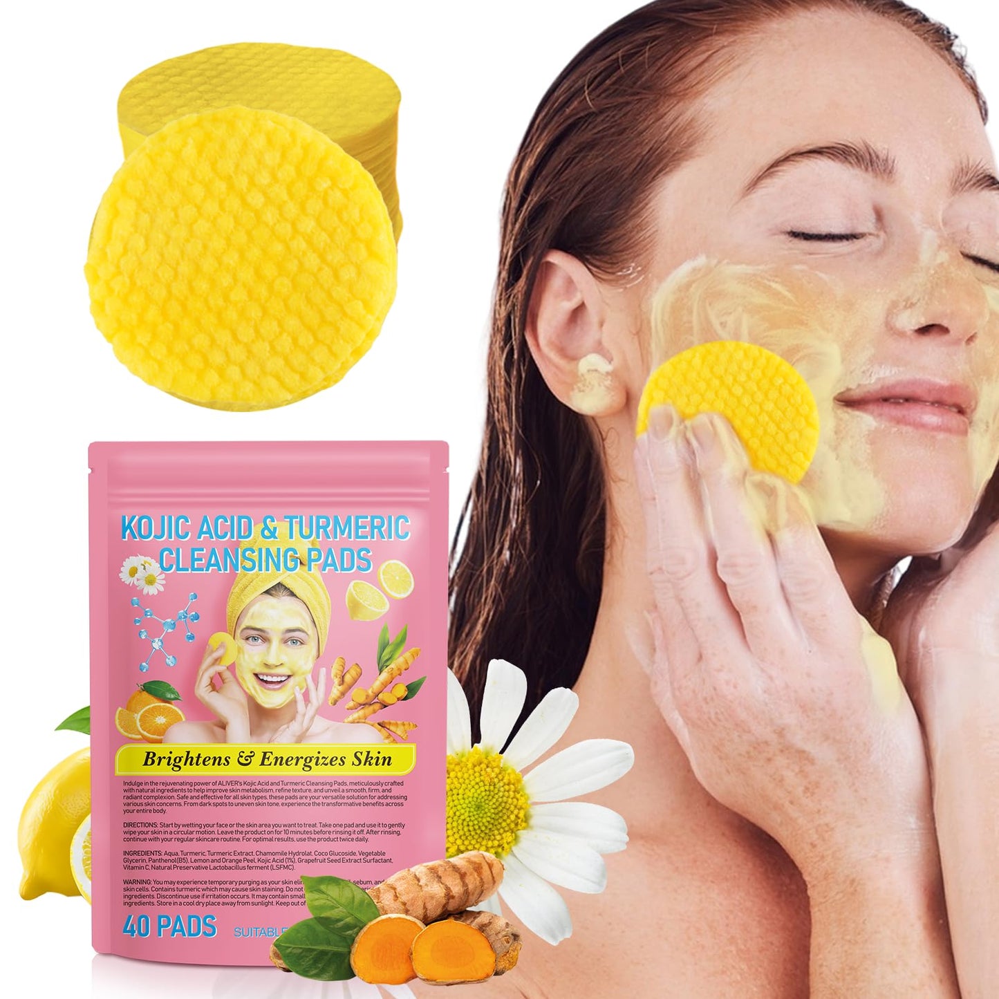 VCTSOF Kojic Acid And Turmeric Pads, 80PCS Resurfacing Pads For Face & Body, Turmeric And Kojic Acid Cleansing Pads, Exfoliating Cleansing Pads, Facial Sponges For Cleansing