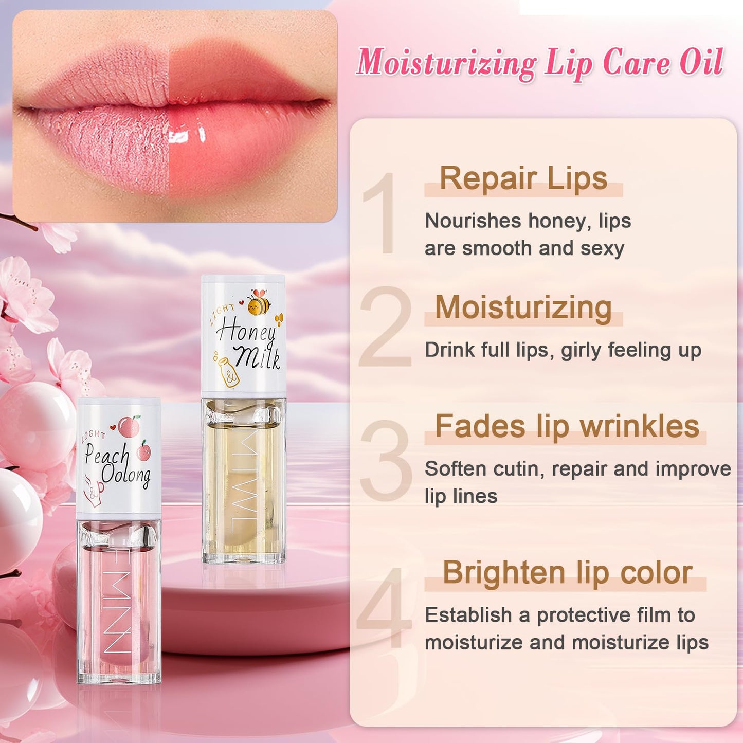 Ceboic 2Pcs Crystal Jelly Moisturizing Lip Oil Set, Long Lasting Plumping Lip Gloss Transparent Hydrating Lip Glow Oil, No-Sticky Toot Lip Balm Honey & Peach Liquid Lipstick Lip Care Tools