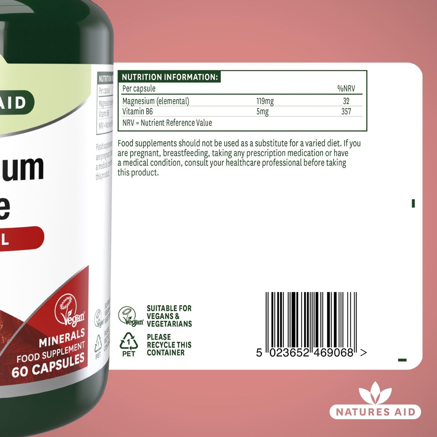 Natures Aid Magnesium Citrate 750mg with Vitamin B6 – High Absorption Vegan Capsules – Supports Muscle, Nerve & Bone Health and Stress Relief – Non-GMO, Gluten-Free – 60 Capsules