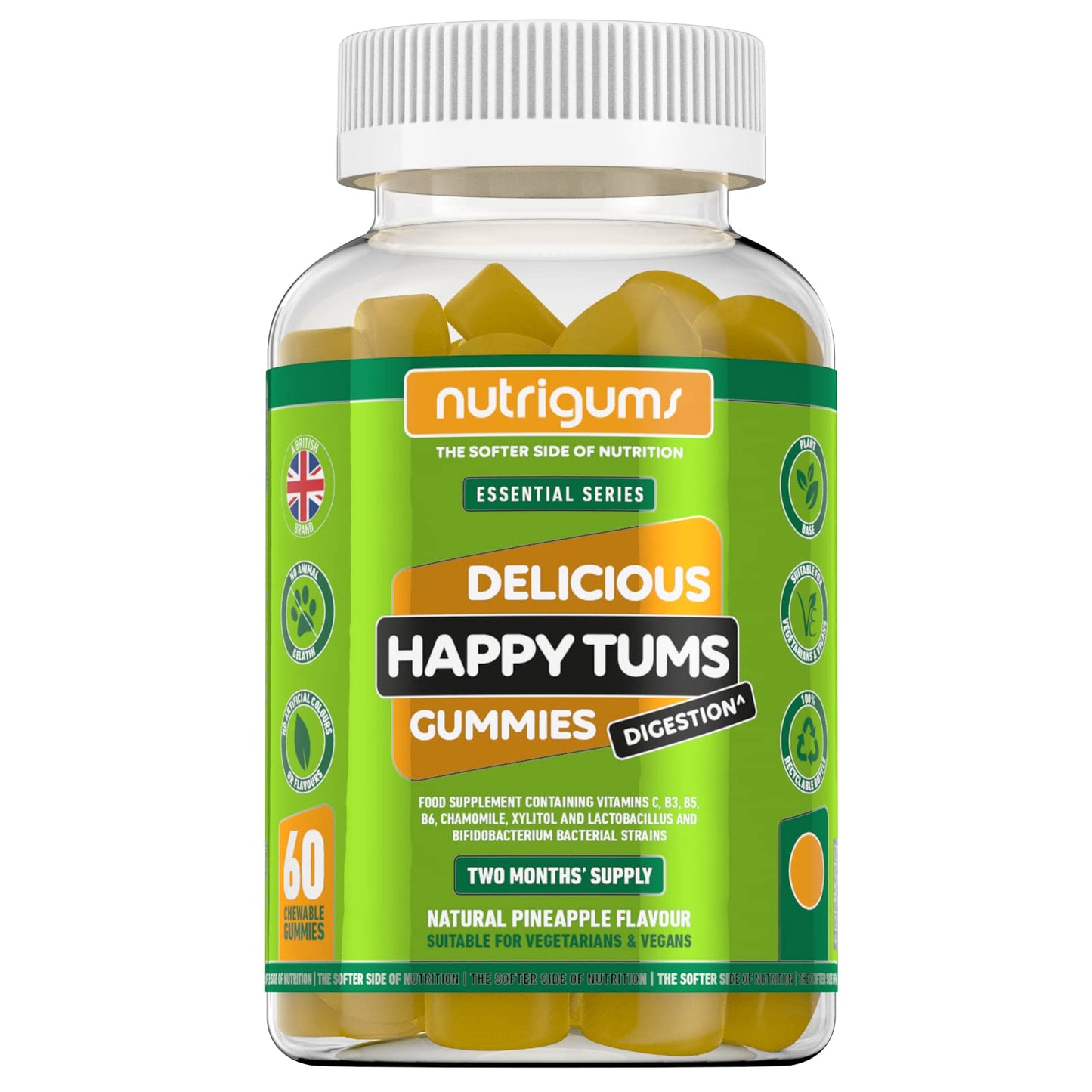 Nutrigums Happy TUMS Digestive Complex 60 Vegan Gummies. Pineapple Flavour. Gut Health with Probiotics 1.125 Billion CFU, Vitamins C, B3, B5, B6, Chamomile 1000mg and Xylitol. Two Months’ Supply by NUTRIGUMS®