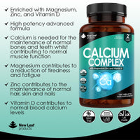 Calcium Magnesium Zinc and Vitamin D - Calcium Supplement - 120 High Strength Calcium Tablets Supplement Calcium Magnesium Vitamin D, Zinc Tablets - Calcium Complex Made in The UK by New Leaf
