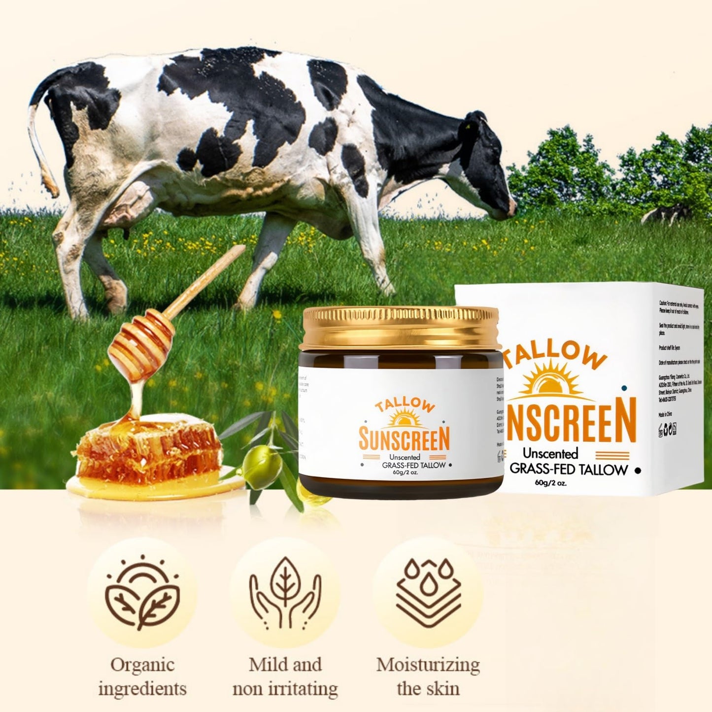 SingHao Beef Tallow Sunscreen SPF 50+,Natural Tallow Sun Cream for Face & Body,Tallow Balm Instant Sun Protection,Body Moisturiser for Dry Skin,SPF 50 Face Moisturiser,Light Texture,Natural Ingredients