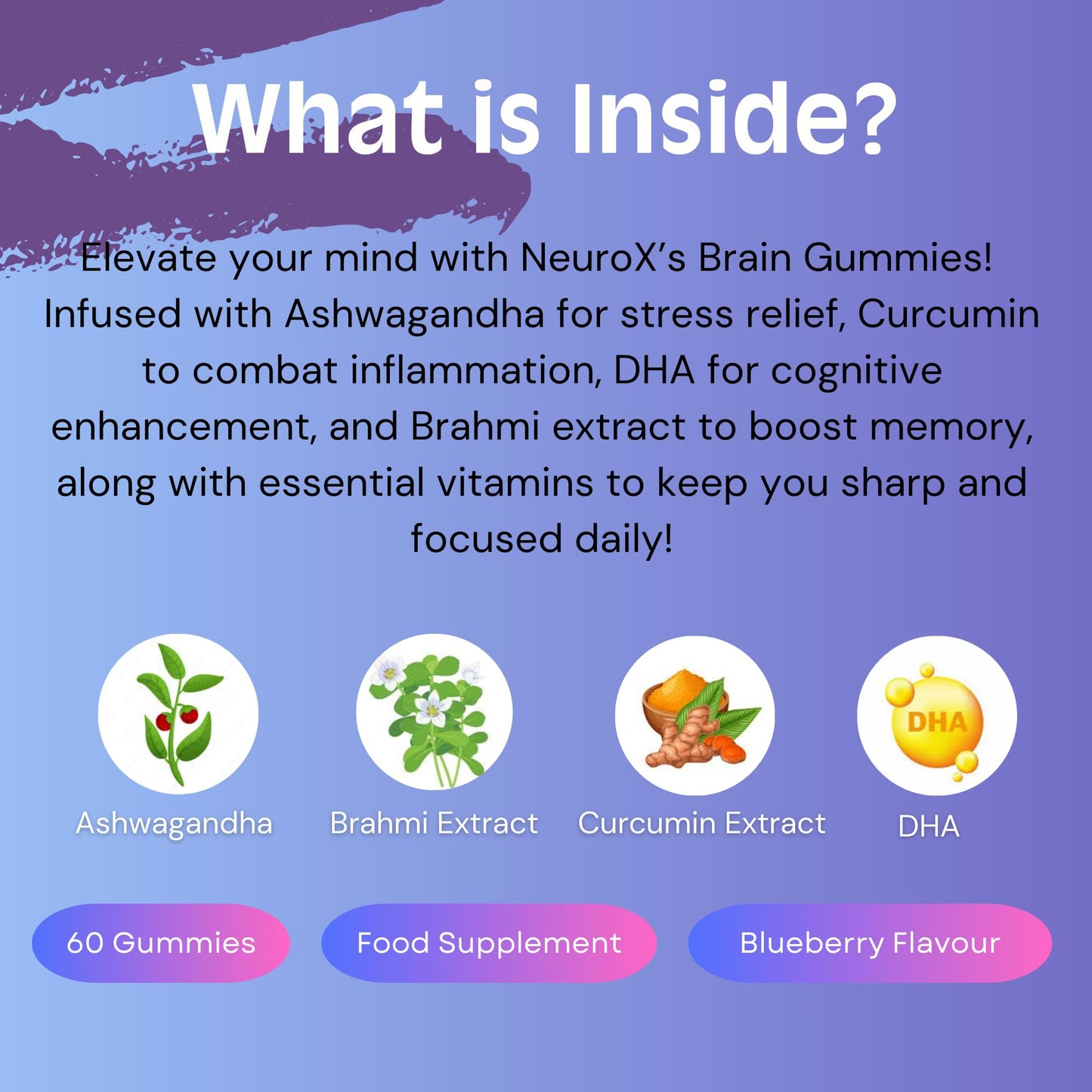NeuroX Brain Health Gummies – Focus, Memory & Concentration Support with Ashwagandha, DHA, Brahmi Extract, Zinc, Magnesium & More – 60 Gummies