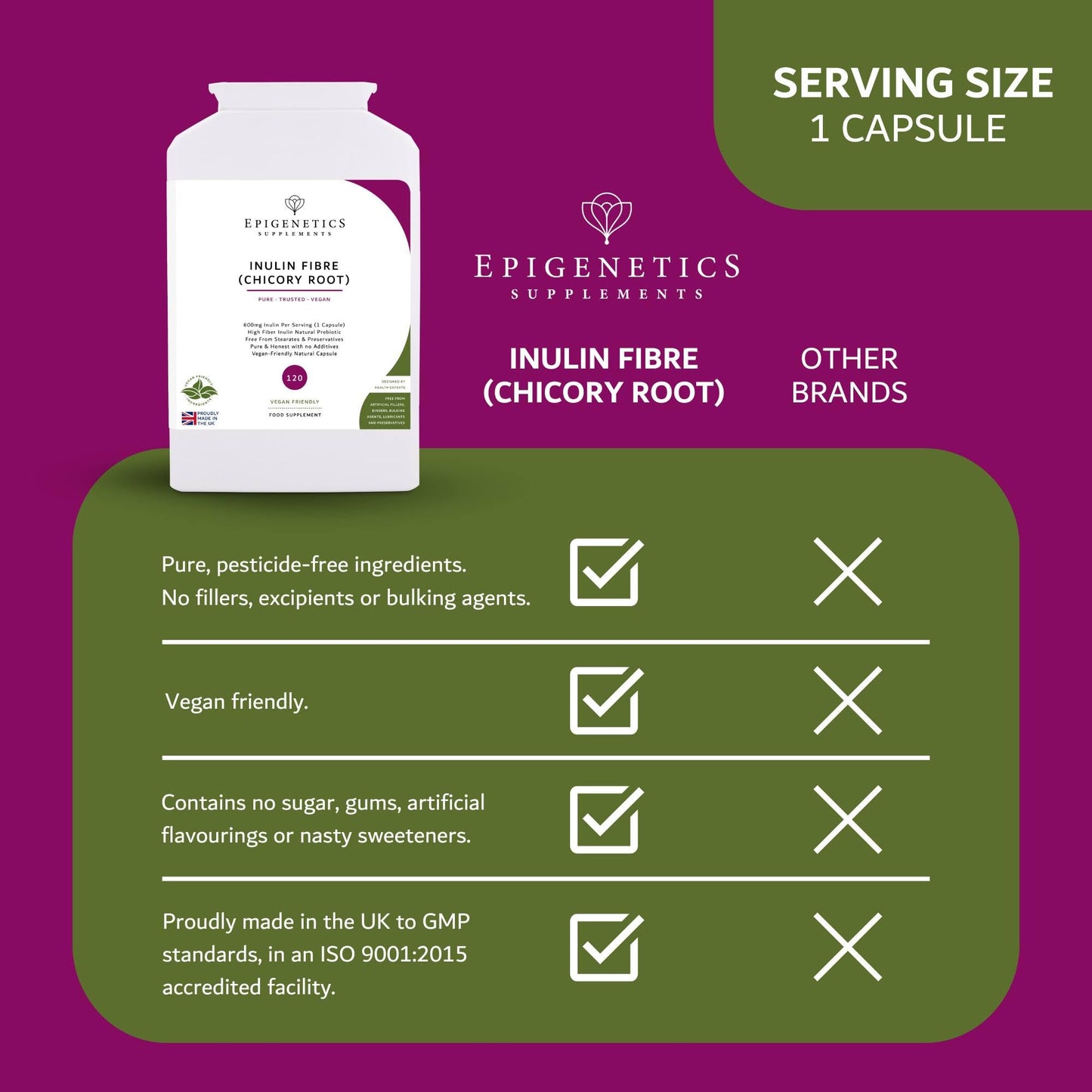 Epigenetics Inulin Fibre Supplement from Chicory Root | 120 Capsules | Prebiotic Gut Health Supplements | Increase Fibre Intake & Support Digestion | Vegan Friendly UK Made | 1 Capsule Daily 4 Months Supply