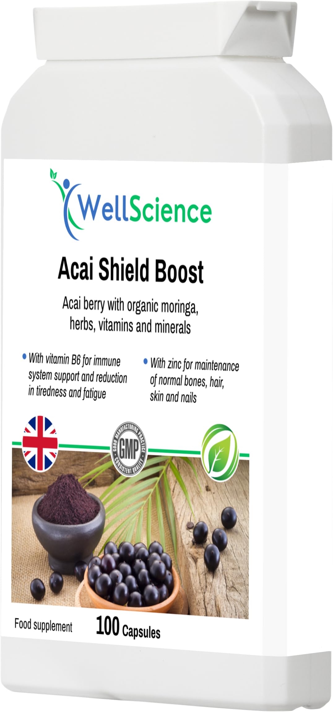 Wellscience Acai Shield Boost - Immune Support, Energy Booster & Antioxidant Protection with Acai Berry, Organic Moringa, Vitamins B6, Zinc & Biotin | Promotes Healthy Skin, Hair & Nails