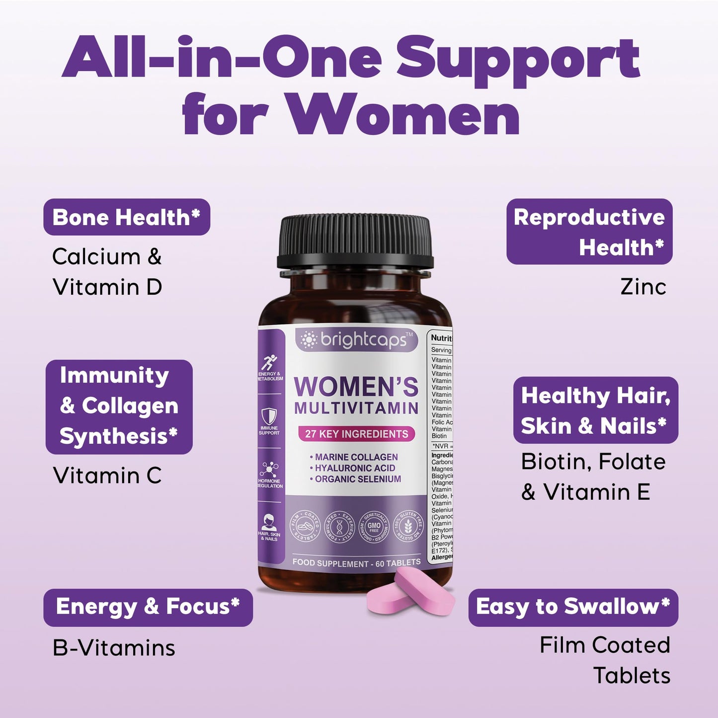 Brightcaps Women's Multivitamins and Minerals Enhanced with Collagen & Hyaluronic Acid - 27 Key Essential Ingredients | 60 Tablets | Gluten Free