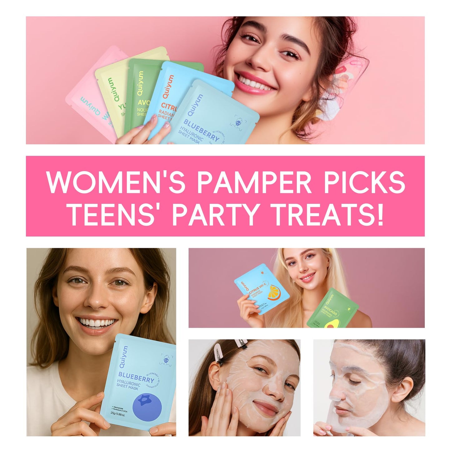 QUIYUM Quiyum Face Mask, Skincare Set of 25 with Vitamin C, Niacinamide, AHA, Hyaluronic Acid & Avocado for Radiance, Hydration & Pore Care, Pamper Care Package Gift for Women Teenage Girls Her