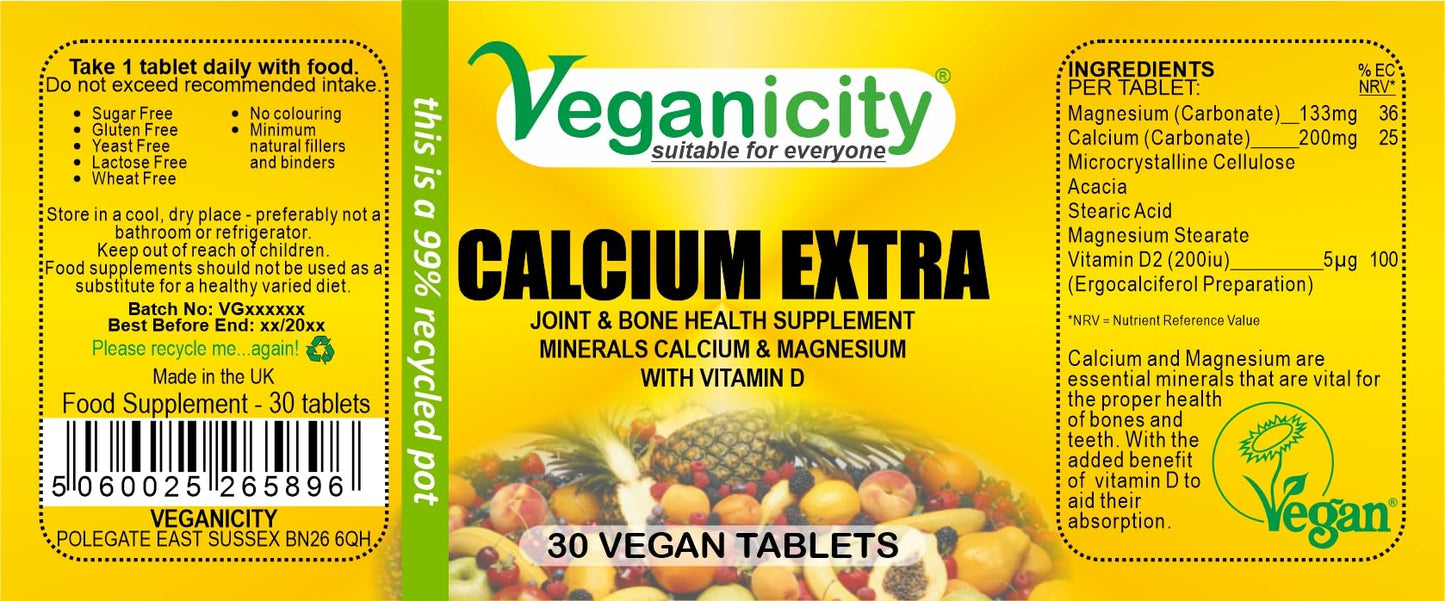 Veganicity Calcium Extra : Joint & Bone Health Supplement : 30 Tablets, in a Planet-Friendly 99% Recycled Pot