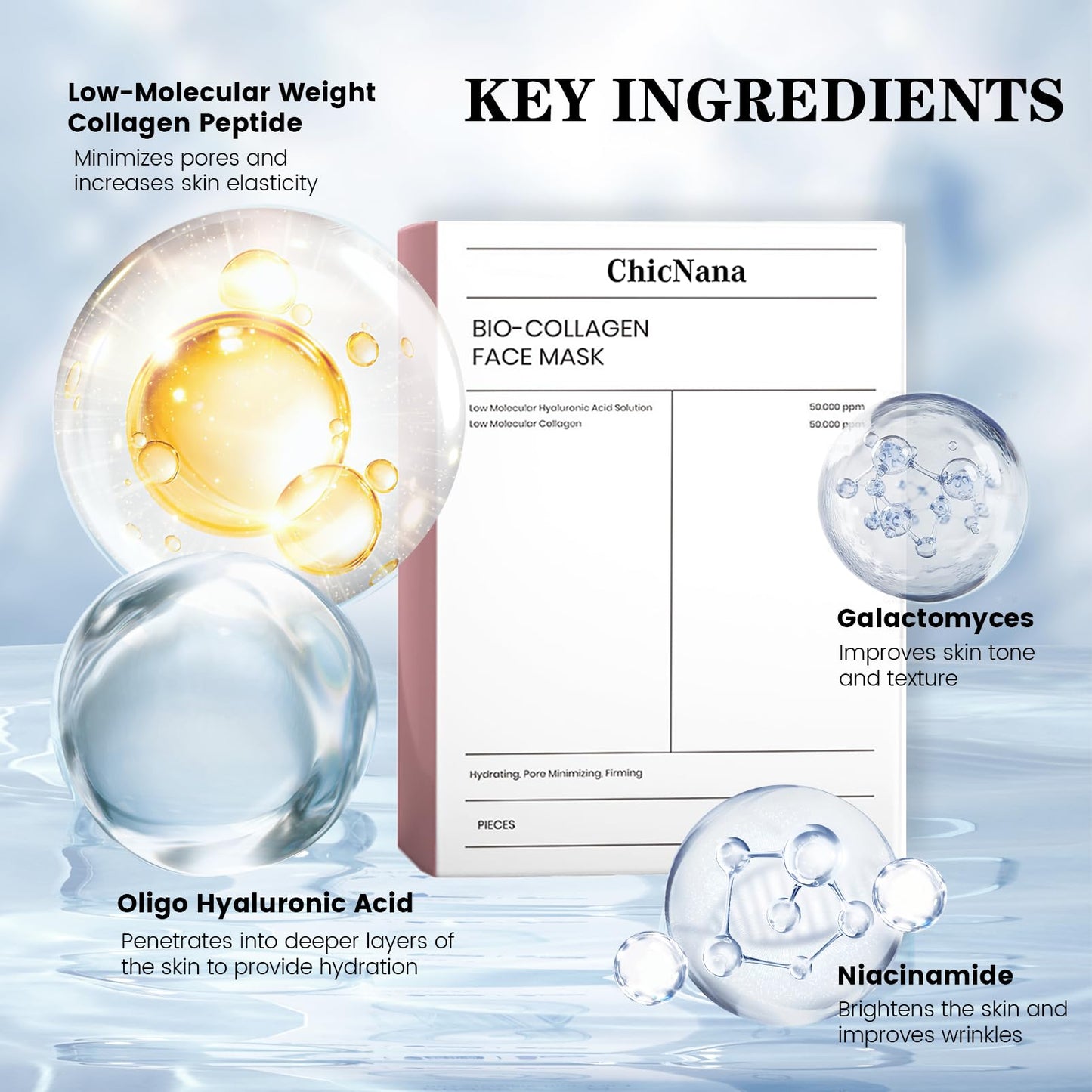 Collagen Face Mask, ChicNana Bio Collagen Mask, Overnight Face Masks Skincare, Real Deep Masks Hydration, Reduce Wrinkles Korean Skin Care (8 sheets)