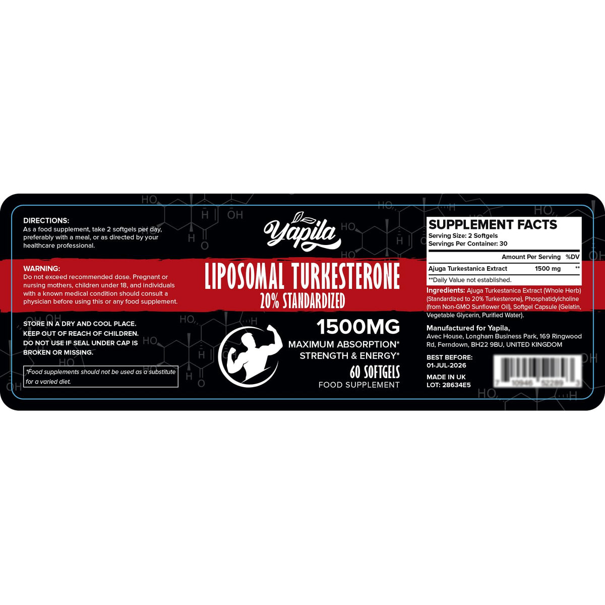 Yapila Liposomal Turkesterone Supplement - 1500mg Ajuga Turkestanica Extract, Standardized to 20% Turkesterone, Max Absorption, High Strength for Bodybuilding, No Additives, Non-GMO, 2 Package