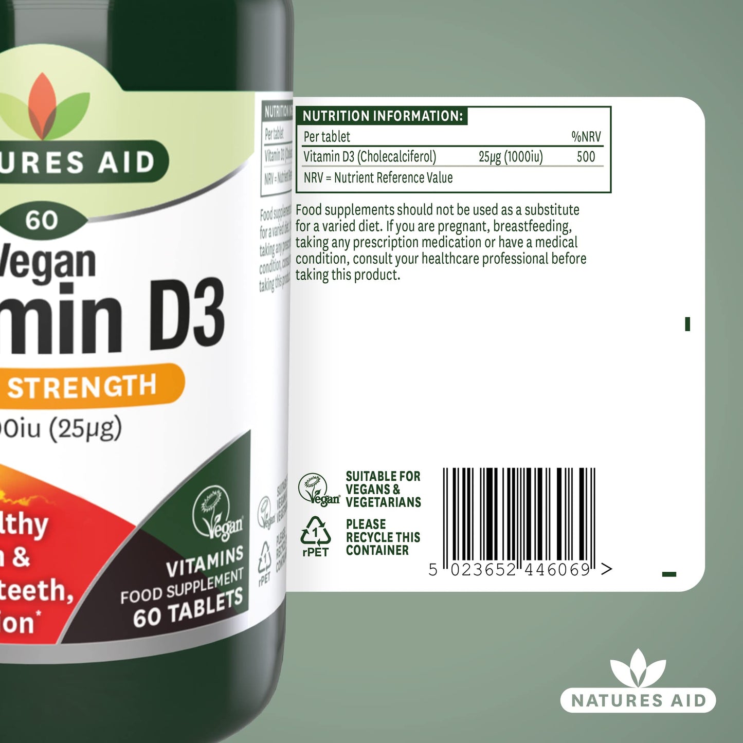 Natures Aid Vegan Vitamin D3 Tablets, 1000 iu, Count 60