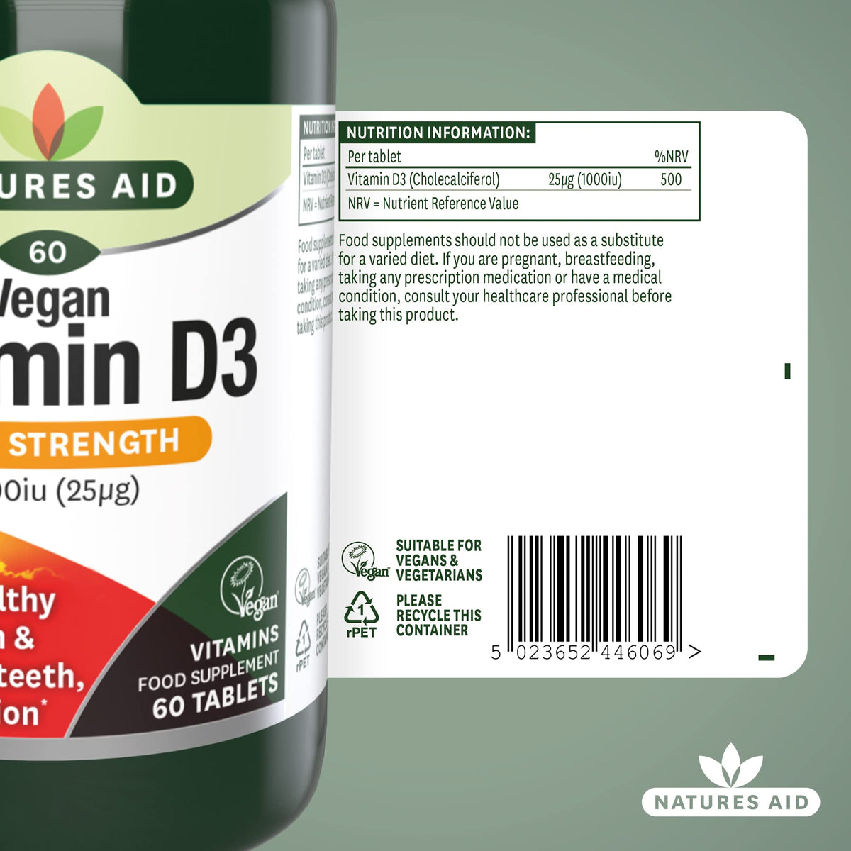 Natures Aid Vegan Vitamin D3 Tablets, 1000 iu, Count 60