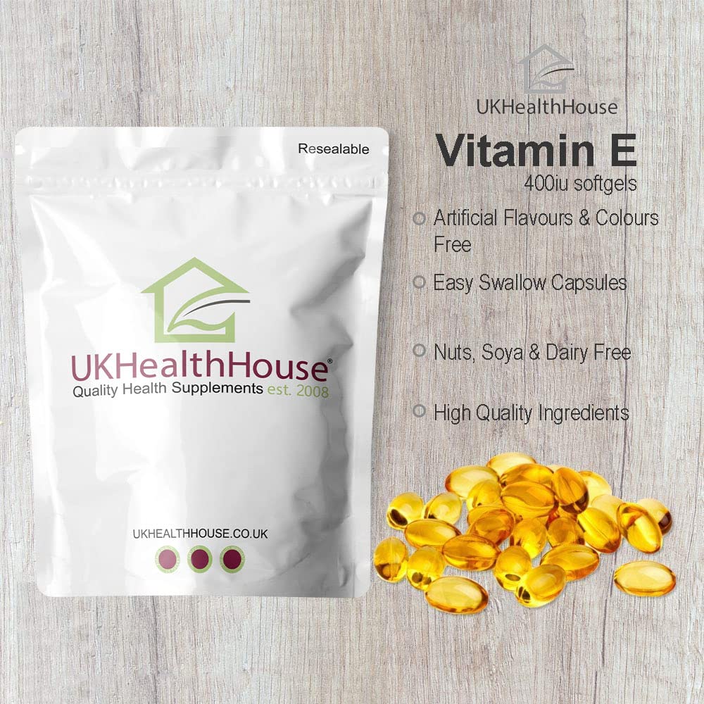 UKHealthHouse Premium - Vitamin E 400iu Capsules x 180 - Anti-Oxidant, Gluten Free, Dairy Free, Highly Absorbable, Skin Support