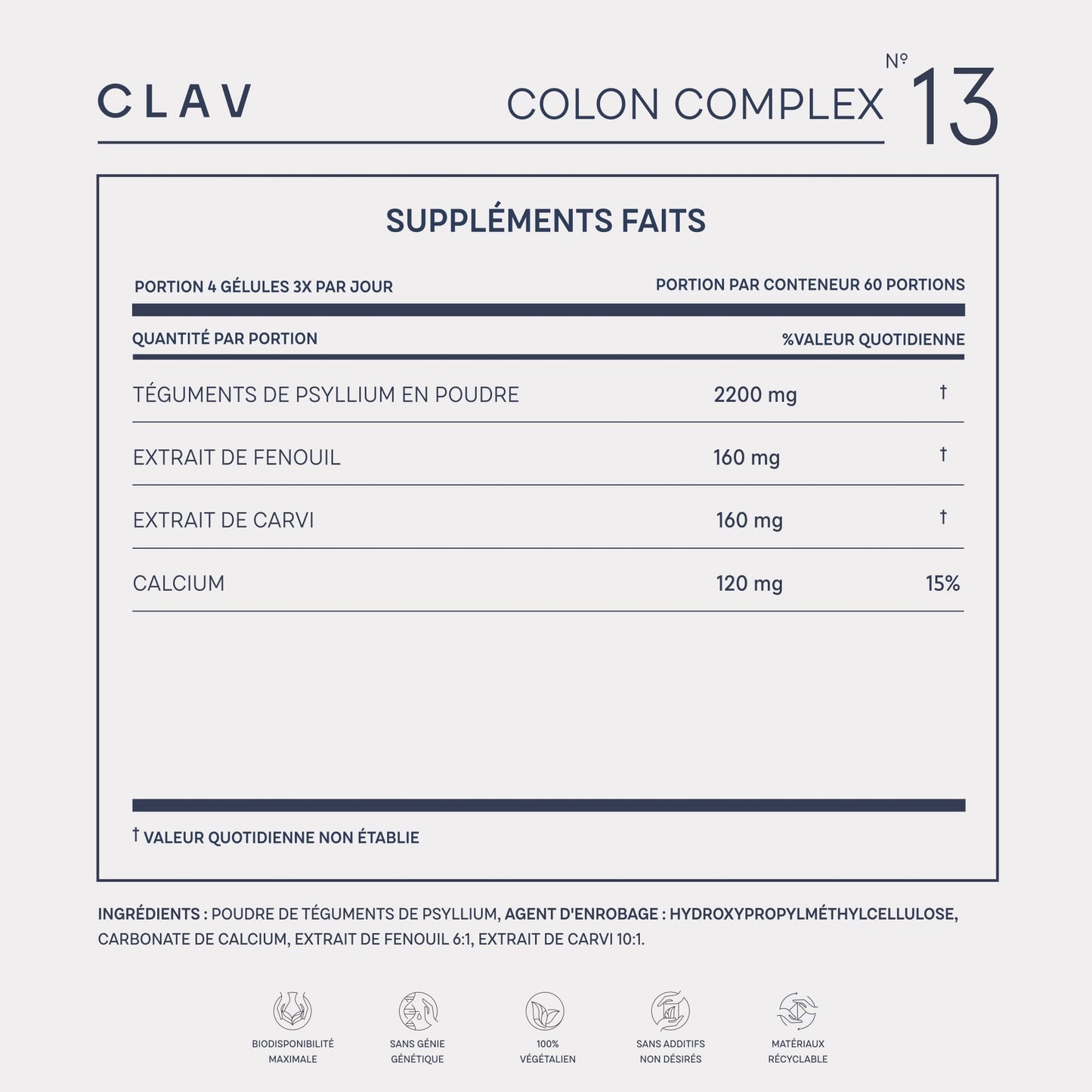 CLAV Psyllium Husks Capsules - 2200mg Soluble Fibre Supplement per Serving - Colon Complex with Fennel, Caraway Extract & Calcium - 120 Vegan Capsules - Made in Germany