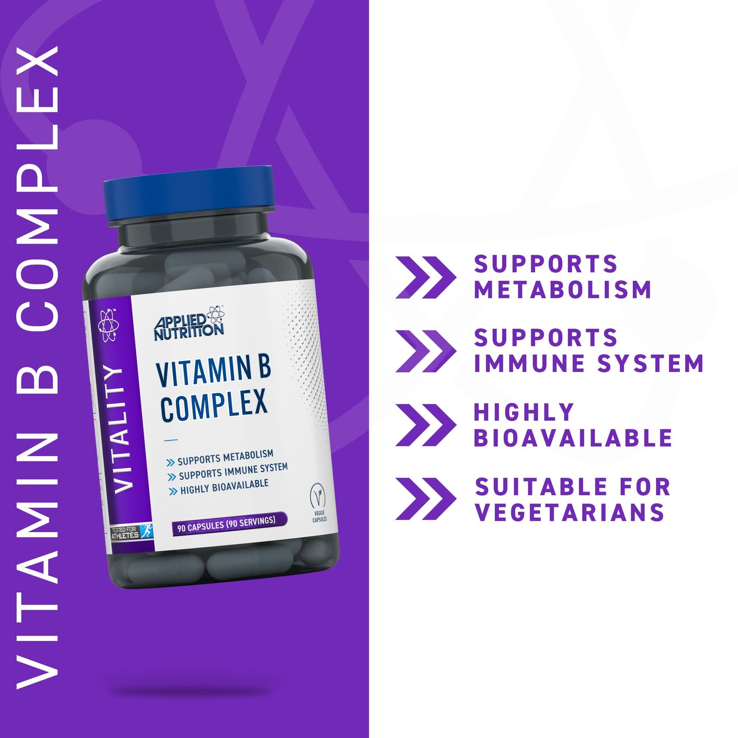 Applied Nutrition Vitamin B Complex Multivitamin - High Potency B12, B6, B1, Folic Acid & Biotin - Supports Metabolism, Reduces Tiredness & Fatigue, Helps Immune System - (90 Capsules)