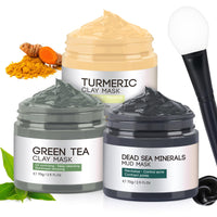 Face Masks Skincare, Clay Mask Kit, 3-Set Turmeric Vitamin C Clay Mask, Dead Sea Mud Mask, Green Tea Deep Cleanse Mask for Detoxing, Reducing Acne, Oil Control, Dark Spots, Pores and Blackheads