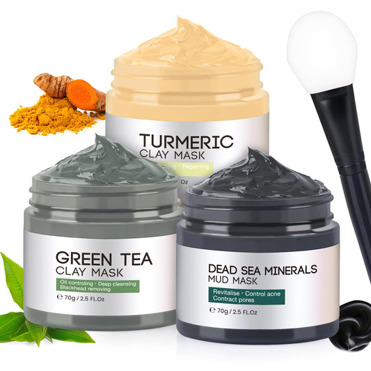 Face Masks Skincare, Clay Mask Kit, 3-Set Turmeric Vitamin C Clay Mask, Dead Sea Mud Mask, Green Tea Deep Cleanse Mask for Detoxing, Reducing Acne, Oil Control, Dark Spots, Pores and Blackheads
