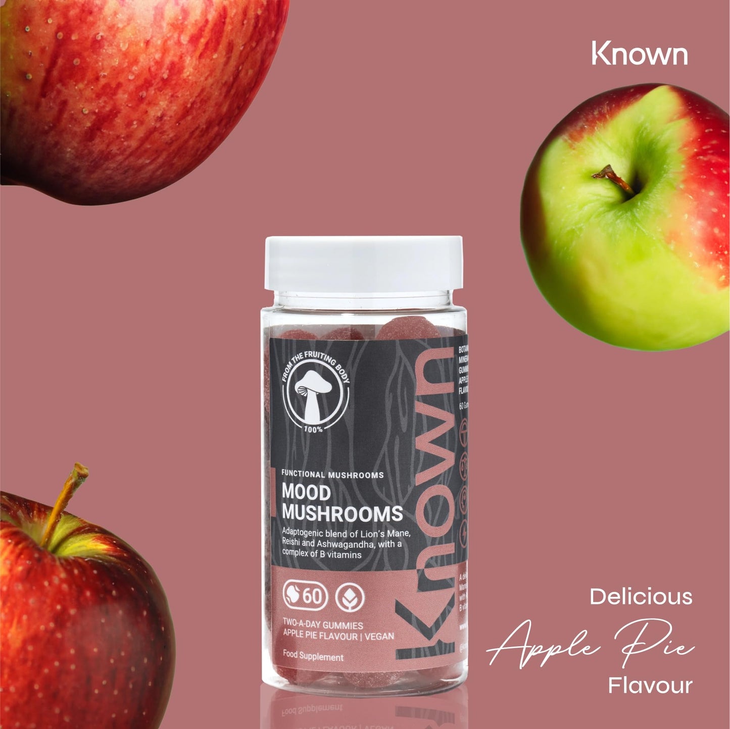 Known - Mood Mushrooms - 60 x Two-a-Day Vegan Gummies with Reishi Mushrooms, Lions Mane and Ashwagandha - Halal Apple Pie Flavoured Adaptogenic Mushroom Gummy - Nootropic Supplement for Mood & Stress