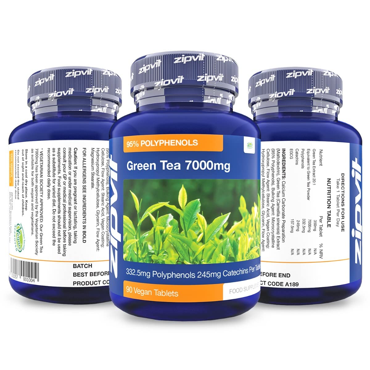 Zipvit Green Tea Extract 7000mg Antioxidant, 95% Polyphenols. 90 Vegan Green Tea Tablets. 3 Months Supply.
