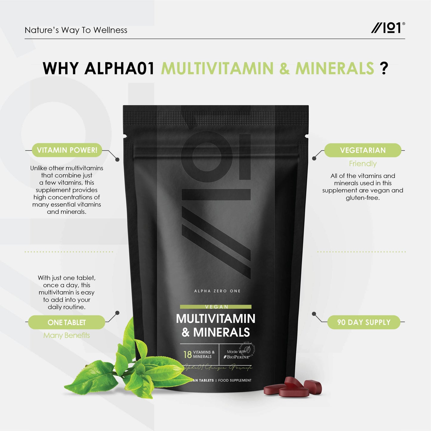ALPHA01 Vegan Multivitamins & Minerals with BioPerine® | 18 Essential Vitamins & Minerals with High Strength Vitamin C, K, Zinc, B12 & D3-3 Months Supply - for Vegans & Vegetarians - 90 Vegan Tablets.