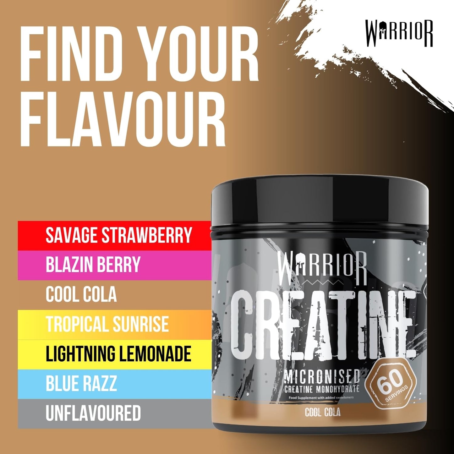 Warrior Creatine Monohydrate Powder 300g – Micronised – Proven to Improve Physical Performance and Recovery, 5g Servings (Cool Cola)