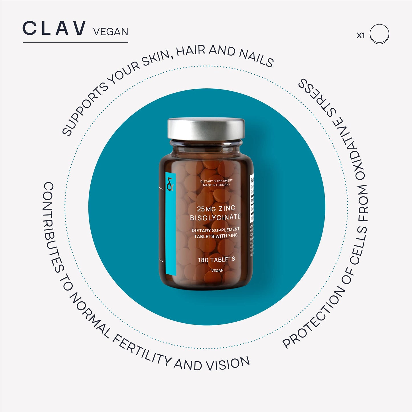 CLAV Zinc 25mg Vegan Certified - 180 Elemental Zinc Tablets in a Jar (6 Months Supply) - High Strength Zinc Bisglycinate Mineral Supplement - Supports Immune System, Hair, Skin & Nails for Women & Men