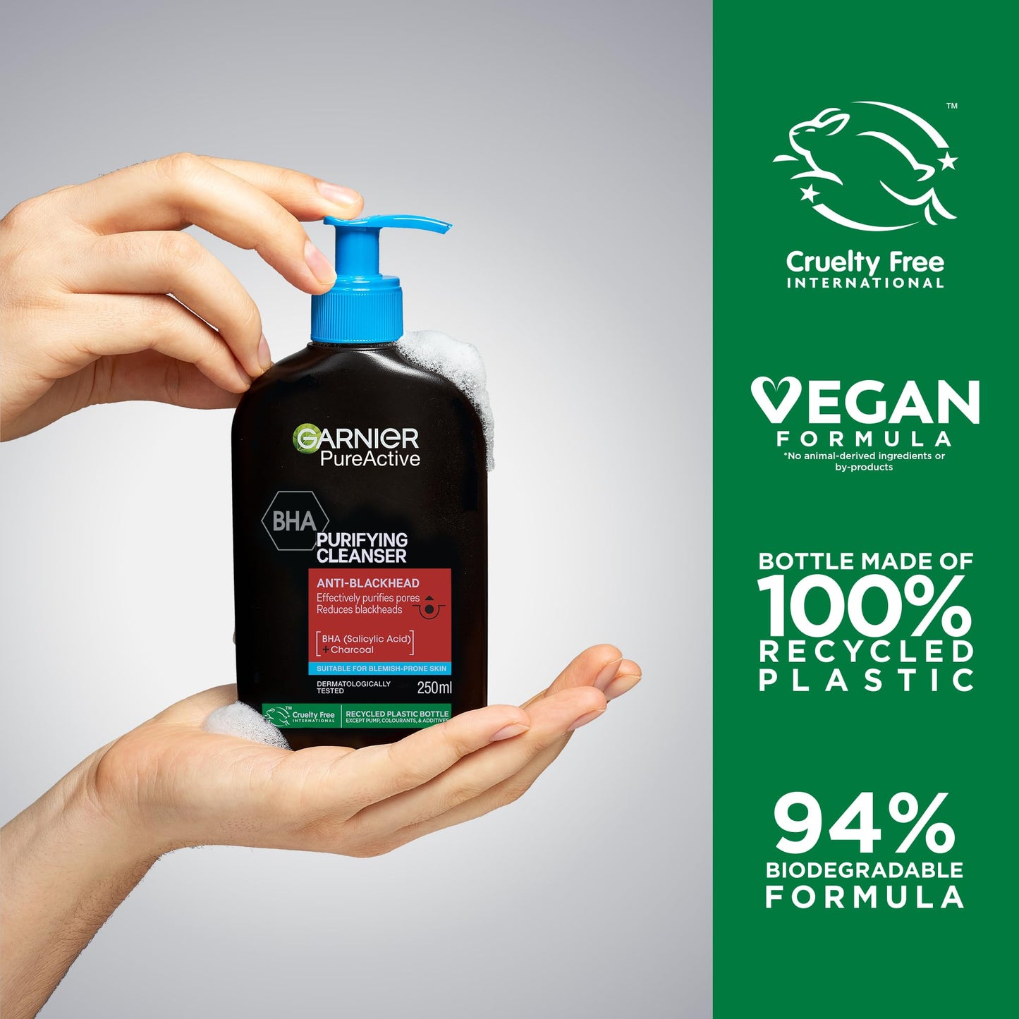 Garnier Pure Active BHA (Salicylic Acid) + Charcoal Daily Face Cleanser – Up to 24h Mattifying & Cleansing Gel For Blemish Prone Skin, Anti-blackhead – Vegan*, Leaping Bunny Approved