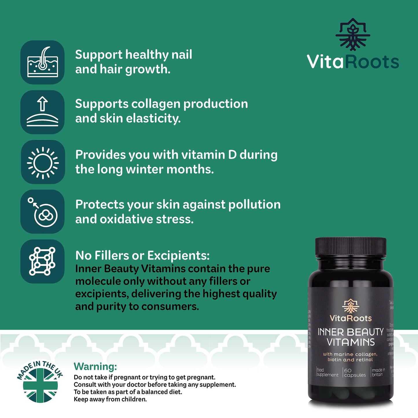 Vitaroots Inner Beauty Vitamins, with Marine Collagen, Retinol and Biotin