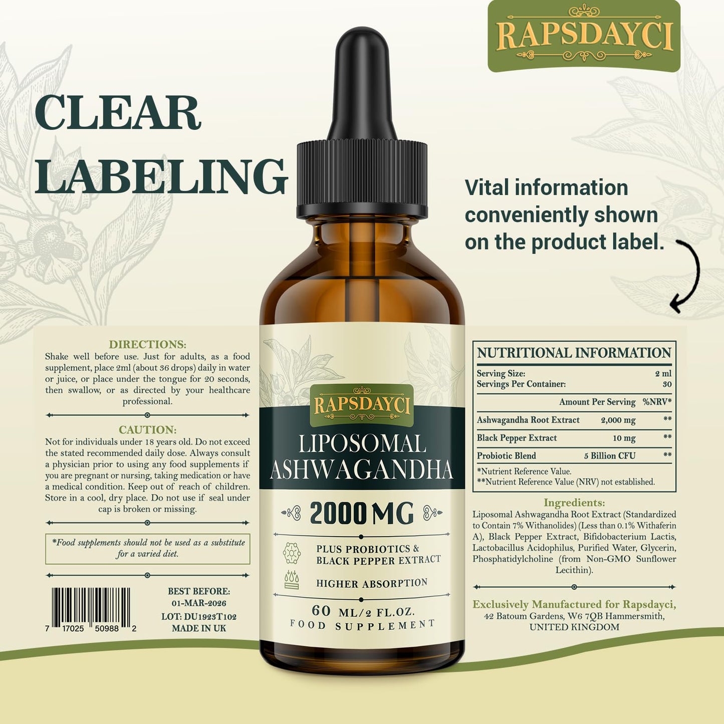 Rapsdayci 2000mg Liposomal Ashwagandha Liquid Drops, Pure High Strength Ashwagandha Root Extract with 7% Withanolides, 5X Concentration, Absorbed Faster Than Capsules, 60ml (Pack of 1)