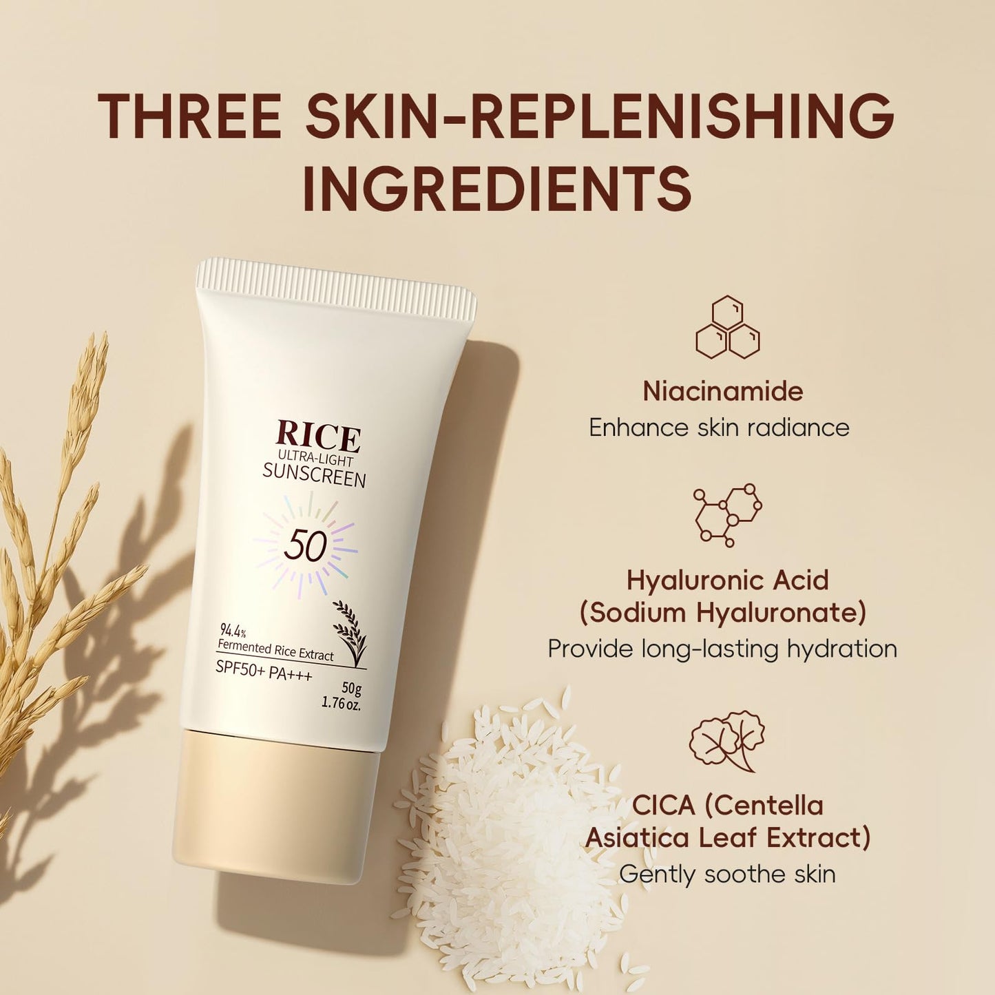ThamGlow Rice Ultra-Light Sunscreen SPF 50+ PA +++, Rice Face Cream With SPF, Face Sun Cream Lightweight Non Greasy Sunscreen, Invisible UVA/UVB Protection, Hydrating Formula, No White Cast