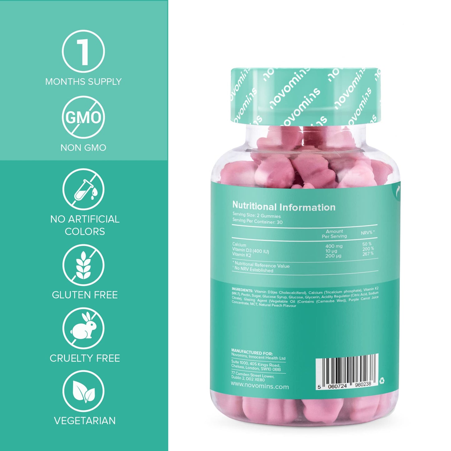Calcium Gummies – 400mg of Calcium - with Vitamin D & K2 (MK-7) - Vegetarian – Gluten Free – 1 Month Supply - Chewable Calcium Vitamins – Healthy Muscles and Bones - Made by Novomins