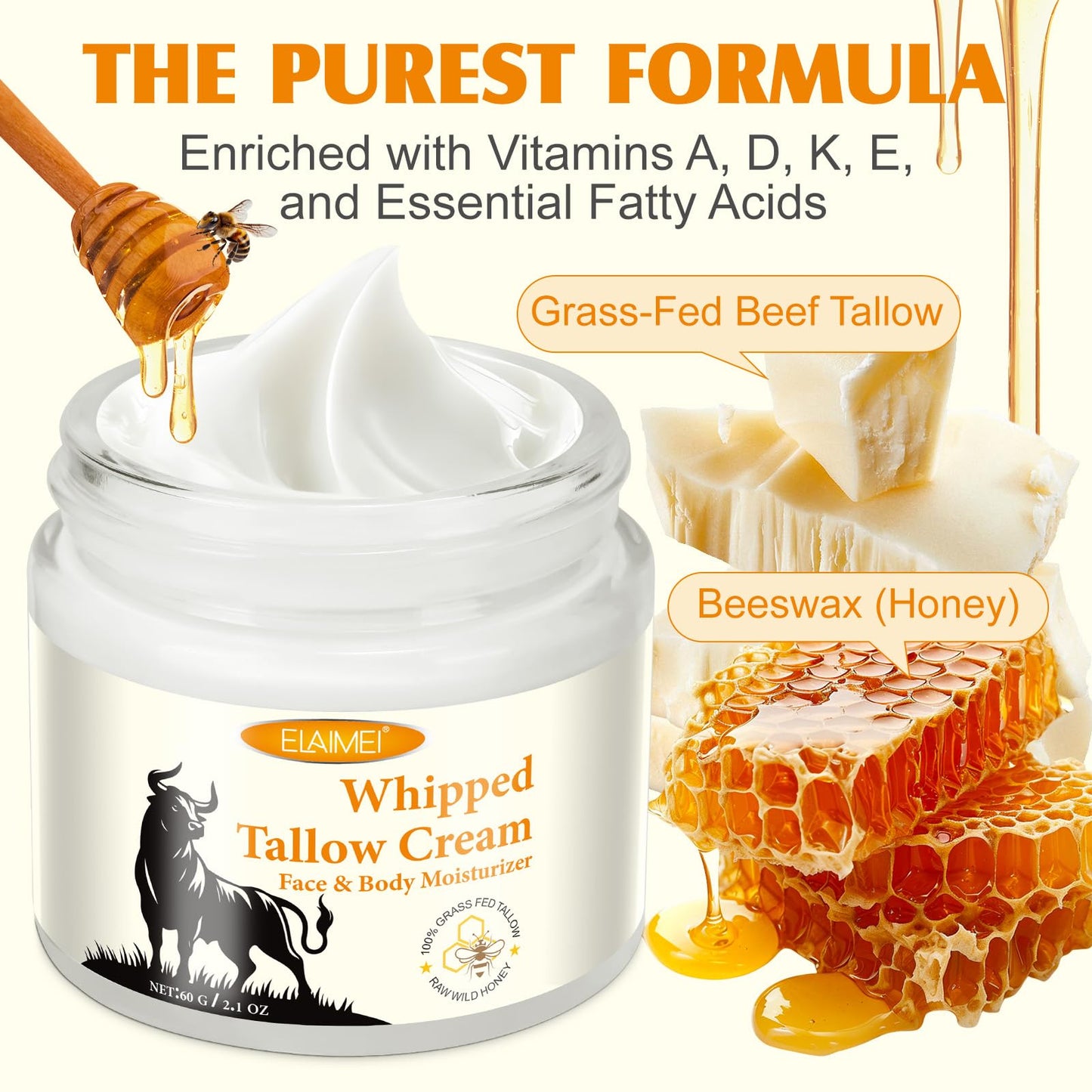 Uruses Beef Tallow Honey Cream, Beef Tallow Skin Care for Body and Face, Long-lasting Moisturizing, Reducing Face Fine Lines, Anti-aging, Strengthening Skin Barrier, Anti-dryness Hand & Foot Cream - 60g