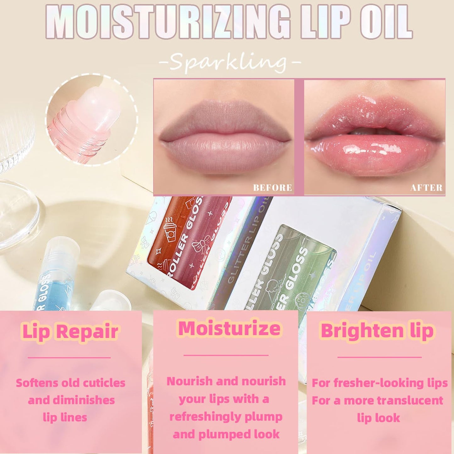 GEEWHILE Lip Gloss 3 Pcs Hydrating Lip Oil Set, Moisturizing Roll-On Lip Gloss Set Plumping Lip Oil Liquid Lipstick, No-Sticky Long Lasting Lip Glow Balm Lip Care for Dry and Chapped Lips