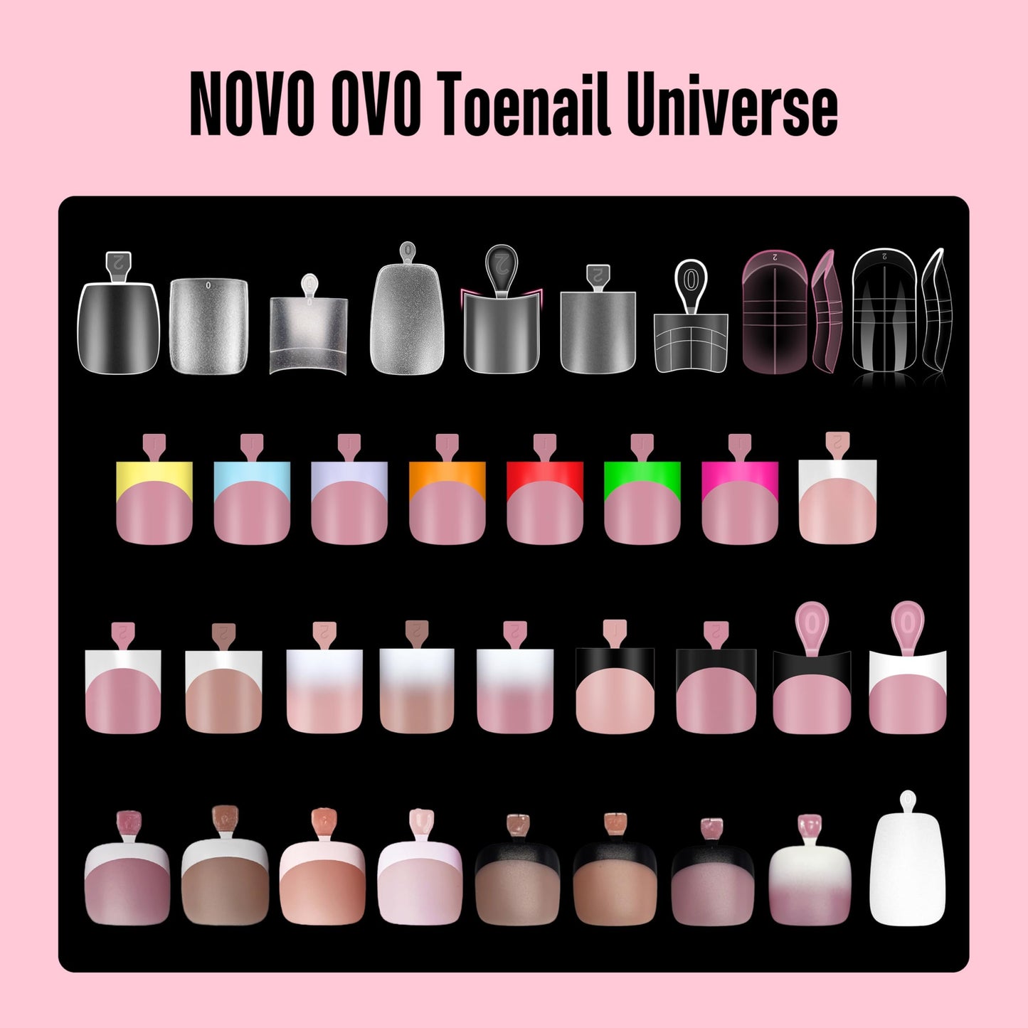 NOVO OVO Short Toe Nail Tips Black French Tip Press on with Moon Curve, BERRY PINK Thick Sharp Square Toenail Extension, Soft Gel False Nail Kit, Need Builder Gel Top Coat, No Glue Included x15 Sizes 240 pcs