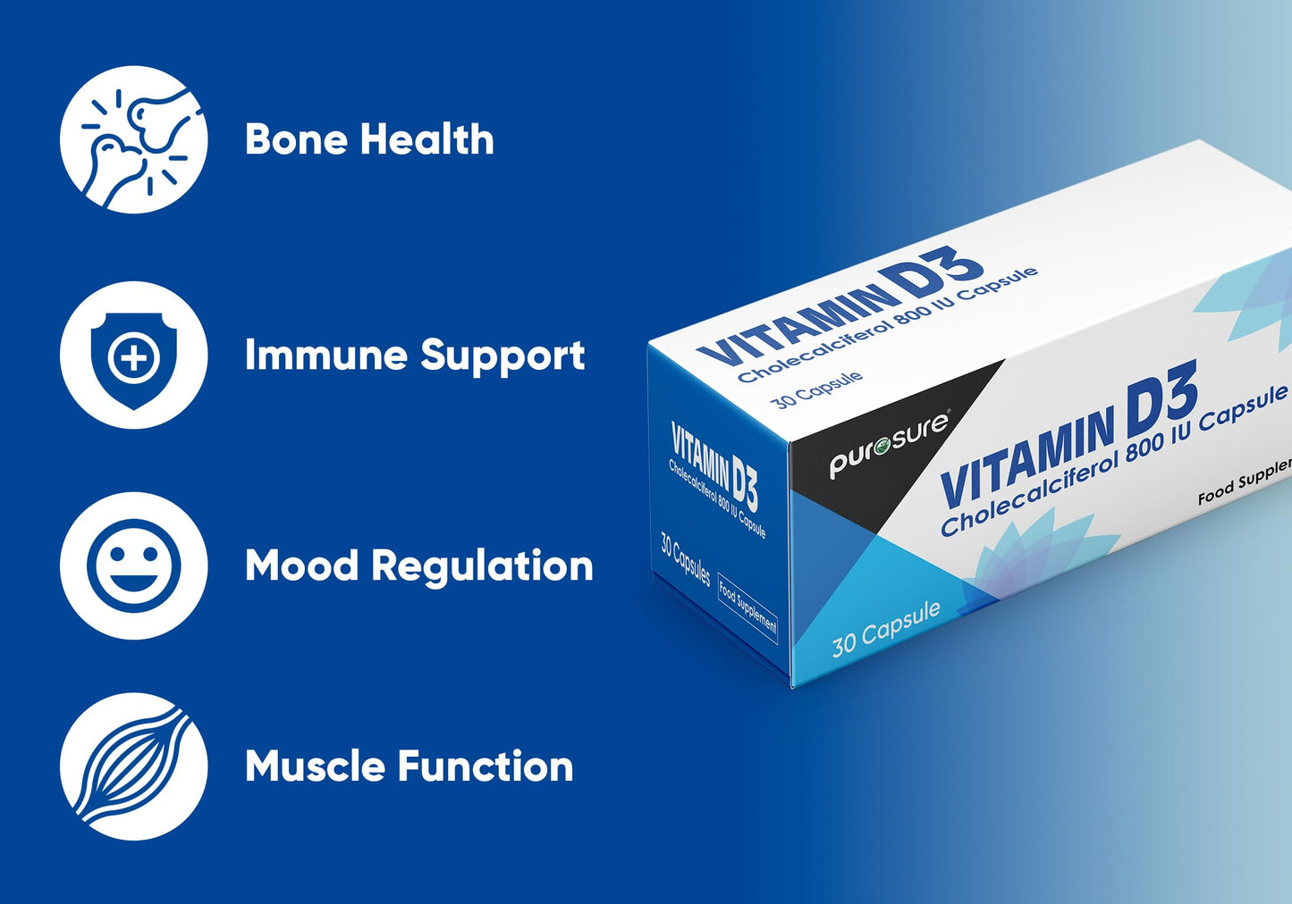 Vitamin D3 800 IU - 30 Capsules - High Potency, Easy to Swallow Pure Vitamin D Softgel Capsules - Vitamin D3 Supplements Helps Boost Health and Immune System