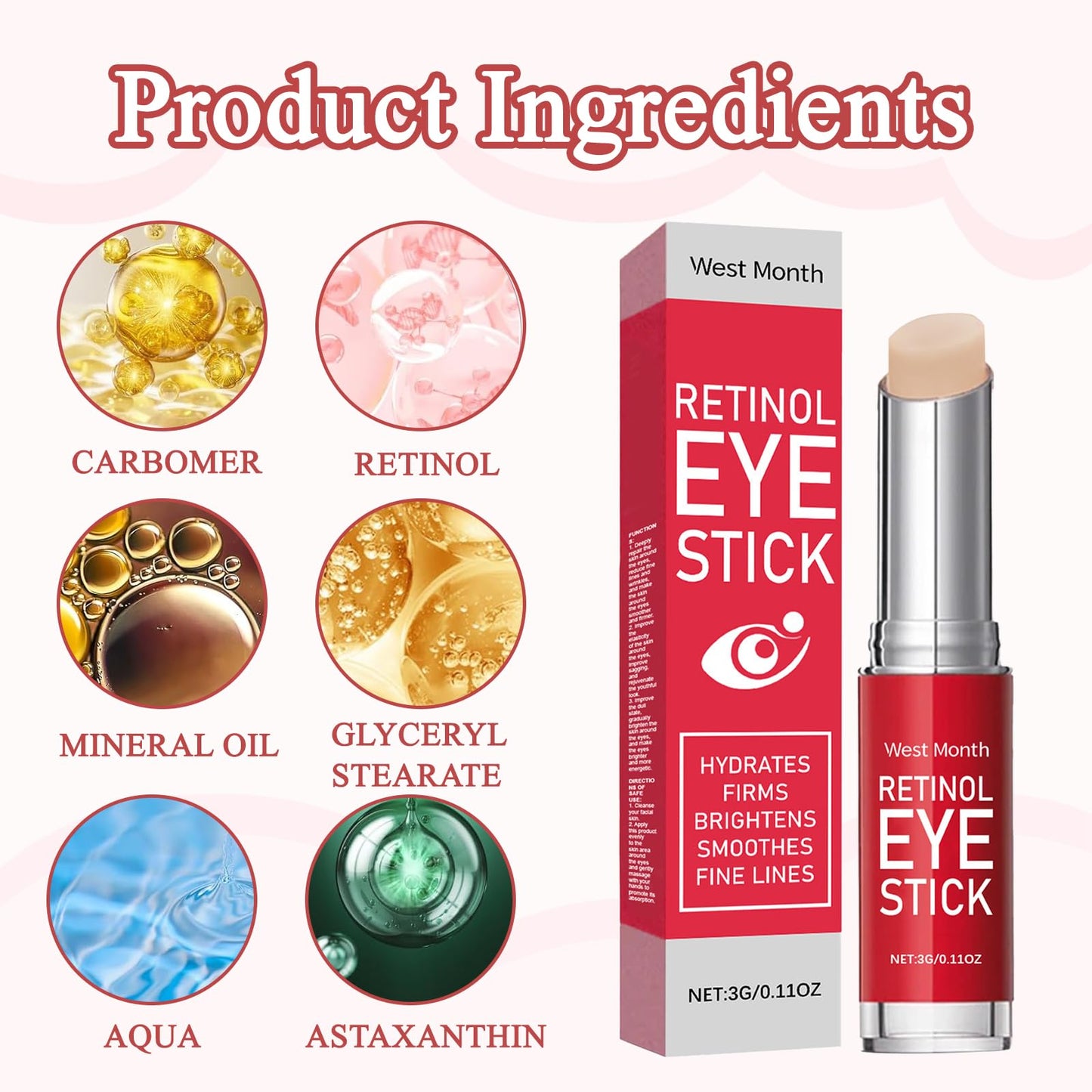 ExcellaElite 3 Pcs Retinol Eye Stick Eye Balm Stick Retinol Eye Cream Nourishes the Skin Easy to Carry Brightens Eyes Used to Eliminate Puffiness and Dark Circles Used for Both Men and Women