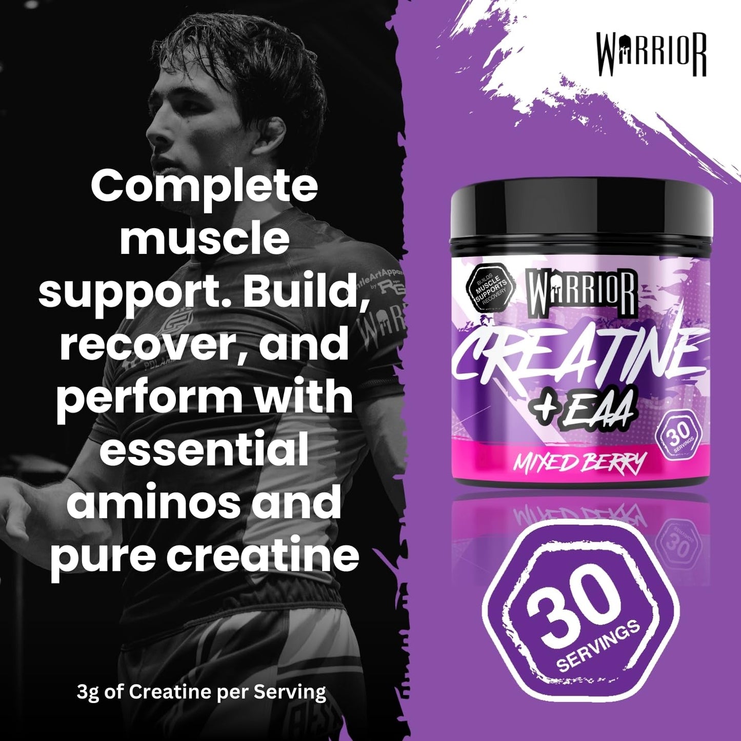 Warrior Creatine Monohydrate Plus EAA – 30 Servings Muscle Recovery & Support Formula with Performance Supplement Essential Amino Acid Powder Pre and Post Workout 270g Mixed Berry Flavour