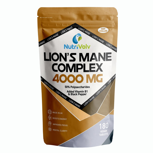 NutriVolv Lions Mane Supplement 4000mg with Vitamin B1 & Black Pepper | 180 Vegan Tablets | Lion's Mane Mushroom 20:1 Extract (Not Lions Mane Powder or Capsules) | Mental Performance & Nervous System | UK Made