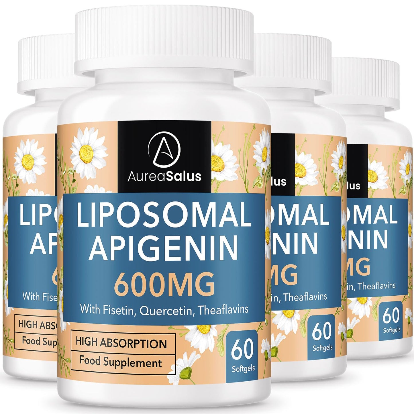AureaSalus Liposomal Apigenin 600mg, Extra Strength Apigenin Supplement with Fisetin, Quercetin and Theaflavins for Sleep, Relaxation & Mood, Powerful Flavonoid & Antioxidants (60 Count (Pack of 4))