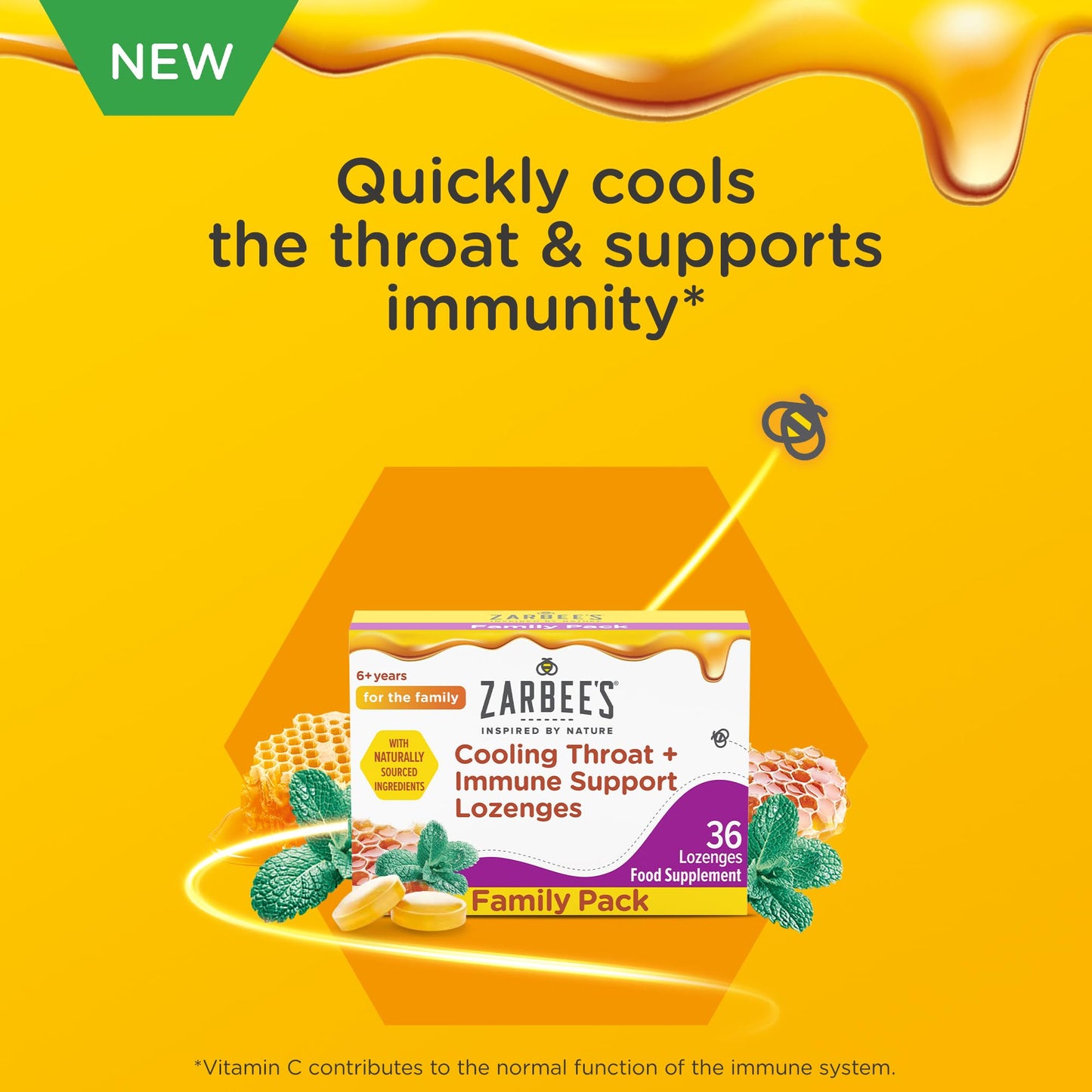 Zarbee’s Cooling Throat + Immune Support Lozenges, Calm and Cool Your Throat with Real Honey and Peppermint Oil Extract. Also Contains Vitamin C and Zinc, No Artificial Colours or Flavours, 36 Count