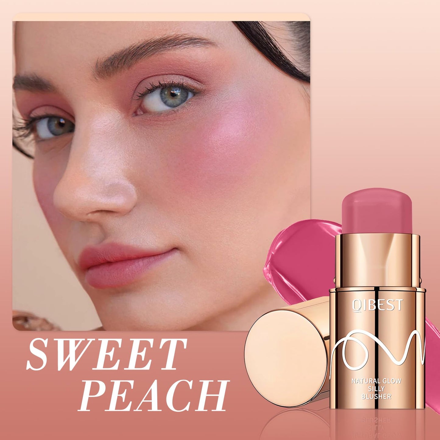 Cream Blush Stick, 3-in-1 Multi-Use Blusher Contour for Lip Cheek Eye, Long-lasting Waterproof Cream Blusher with Makeup Brush, Moisturize Blush Wand, Lightweight Face Blusher for Women Nature Look