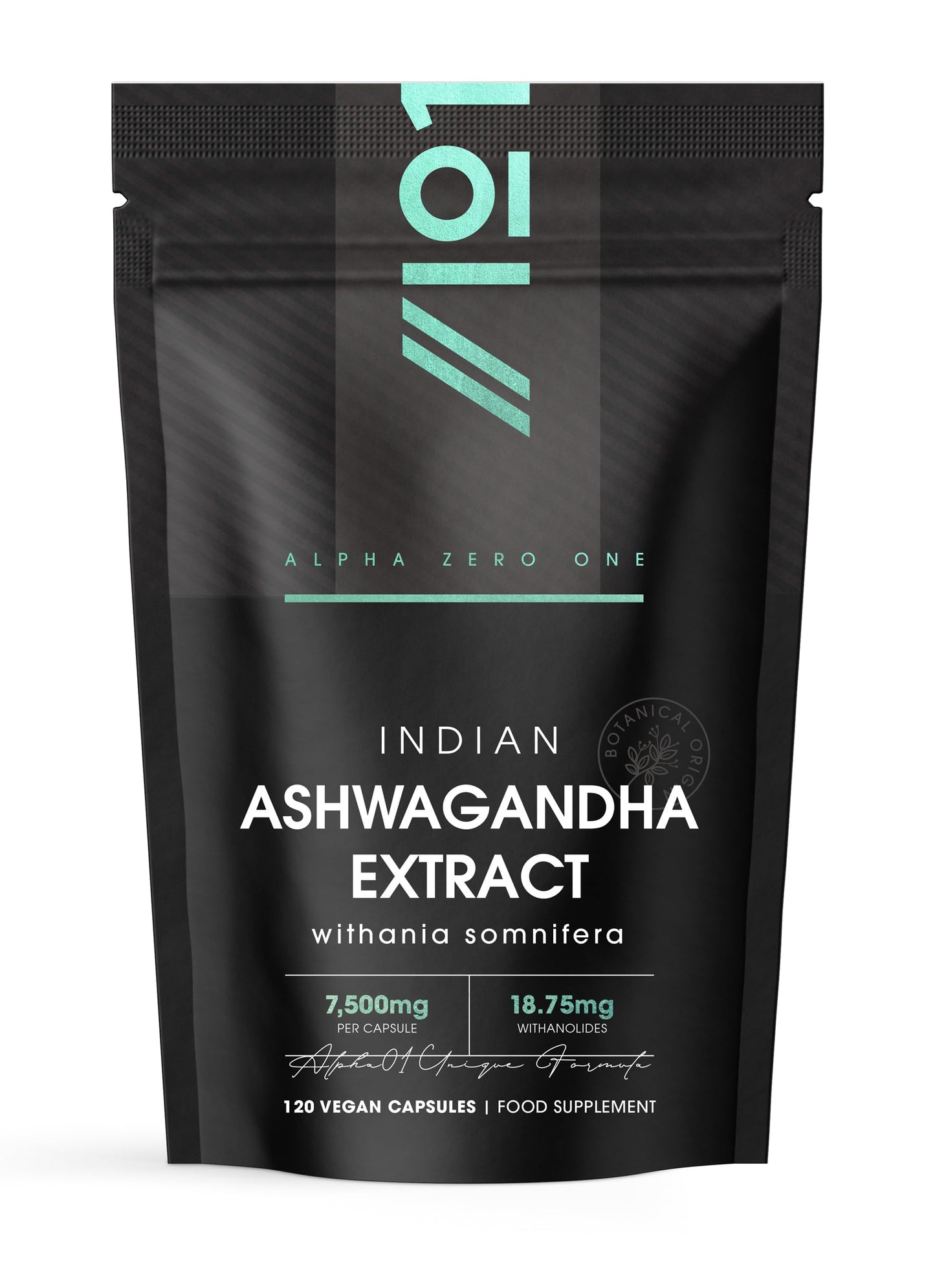 ALPHA01 Ashwagandha Extract 7500mg - Potent 5% Withanolides (18.75mg) - Made with BioPerine® Black Pepper for Higher Bioavailability - 120 Vegan Capsules