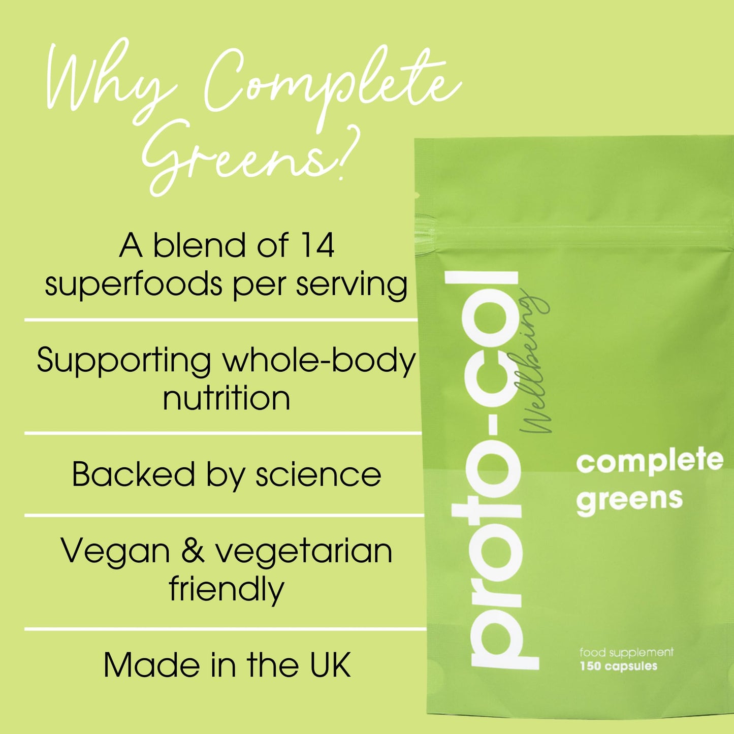 Proto-Col Proto-col | Complete Greens Capsules - 14 Superfoods and Adaptogens Including Ashwagandha & Spirulina | Vegan & Gluten-Free | Advanced Formula | UK Made | 150 Capsules
