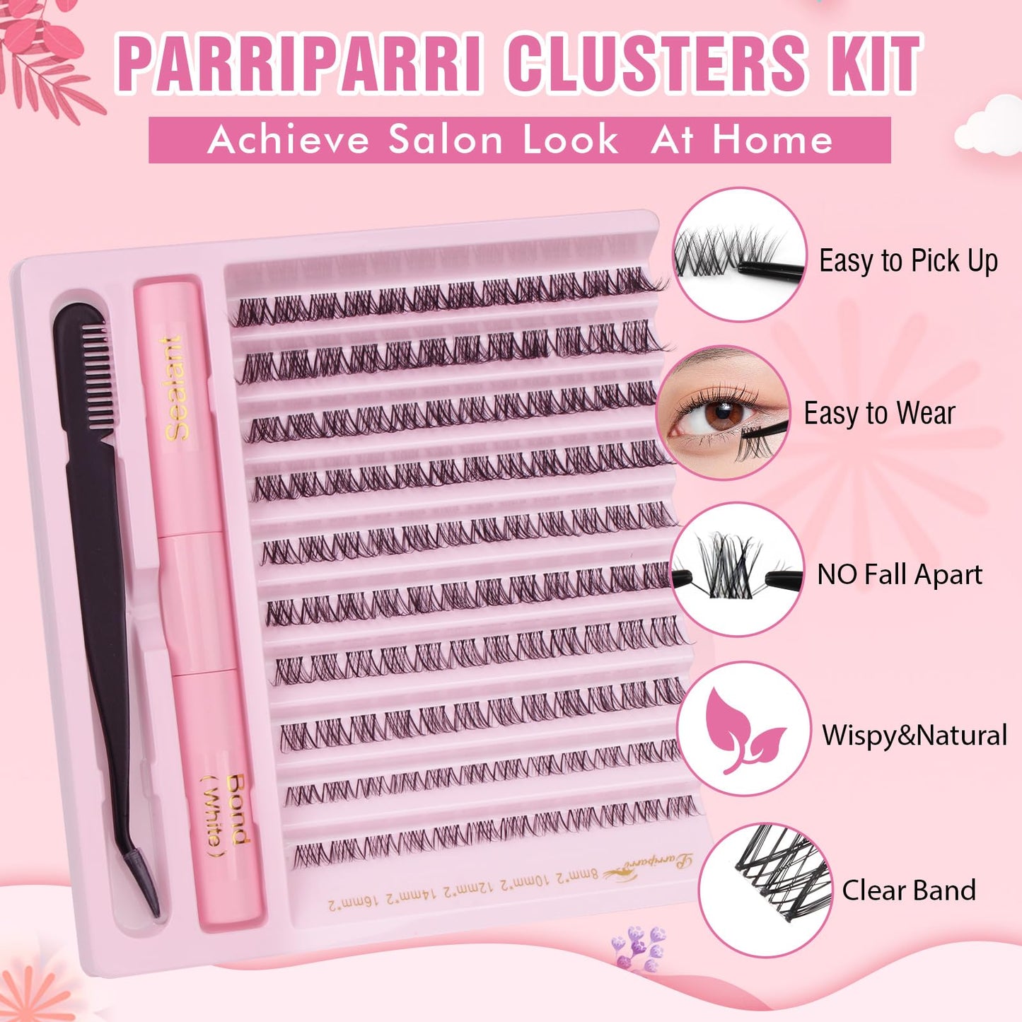Parriparri Cluster Lashes Kit Clear Band 120Pcs Individual Lashes with Bond and Seal and Lash Extension Applicator Natural Eyelash Extensions Kit False Eyelashes DIY at Home (8-16MM MIX)