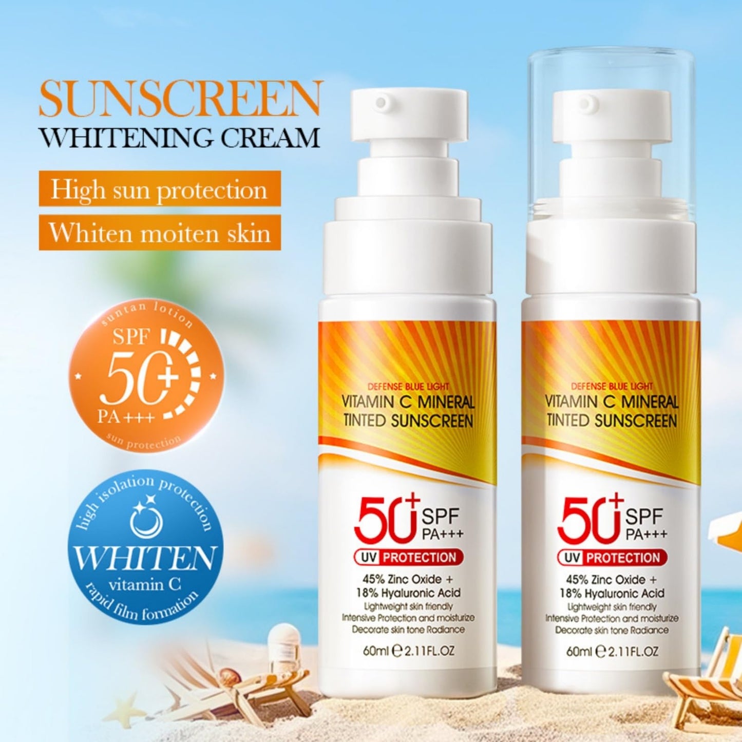 GUOUURR Vitamin C Tinted Sunscreen SPF 50 - Face & Body Moisturiser for Women | Skin Tint, Facial Sunscreen & Sun Cream | Tinted Moisturiser with SPF 50, Lightweight & Non - Greasy Formula