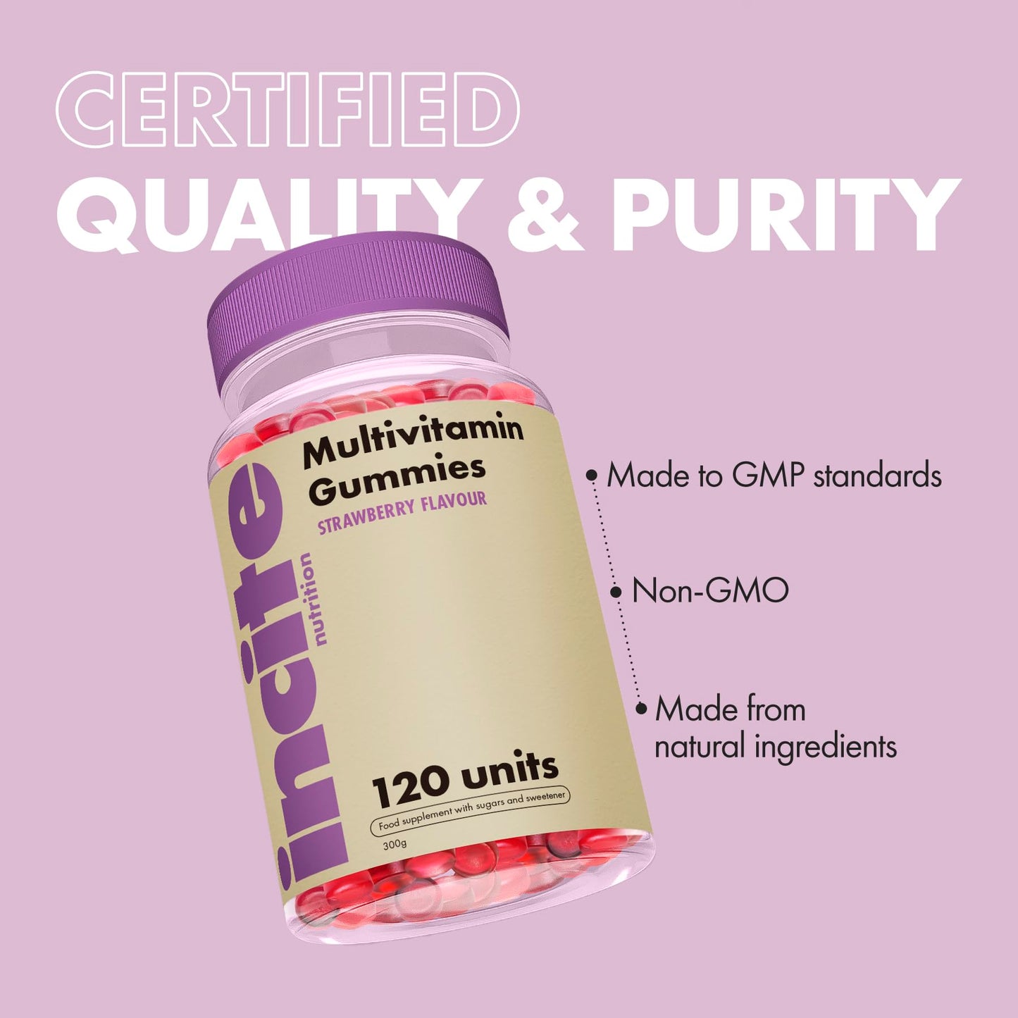 Incite Nutrition Multivitamin Gummies. 120 Strawberry Flavour Chewable Biotin Gummies. Contain Vitamins A, B6, B12, C, D3, E, Folic Acid and Zinc. 2 Month Supply of Multivitamins for Adults