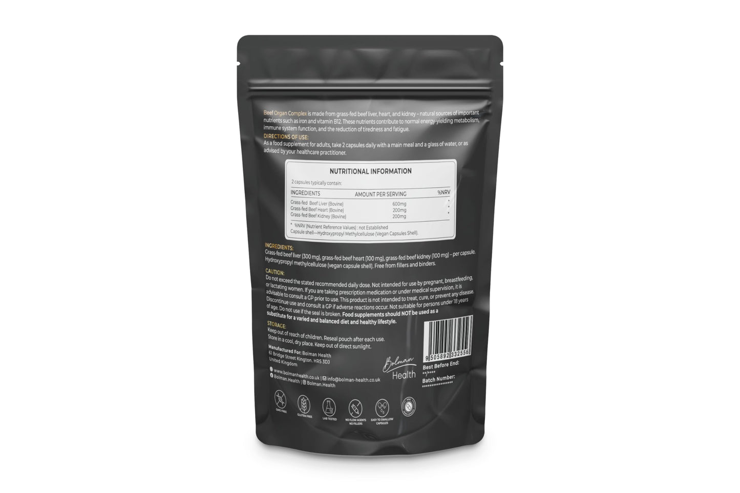 Bolman Health Beef Organ Complex | High Strength Grass-Fed Liver, Heart & Kidney Capsules | Supports Energy, Metabolism, Immune Health, Stamina & Vitality | 60 Capsules | Non-GMO, Gluten-Free | UK Made