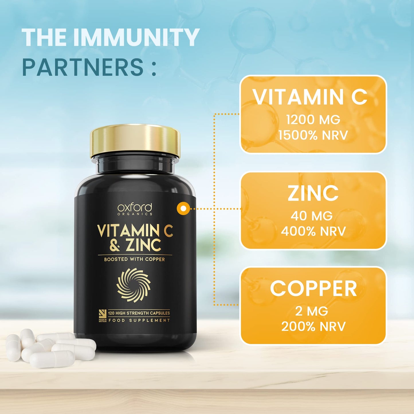 Oxford Organics Vitamin C and Zinc Capsules, 1200mg Vitamin C Boosted with 40mg Zinc & 2mg Copper per Serving | 120 High Strength Vegan Capsules | Balanced VIT C and Zinc Supplements for Women & Men | Made in The UK